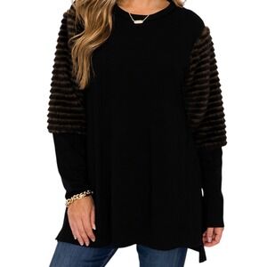 Capote‎ Black Brown Fuzzy Faux Fur Sleeve Knit Tunic Top Women's Medium Luxury